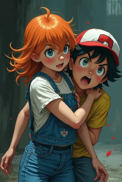 young girl Misty orange hair high-waisted mom jeans shirtless breaking Ash Ketchum's neck death Pokemon style