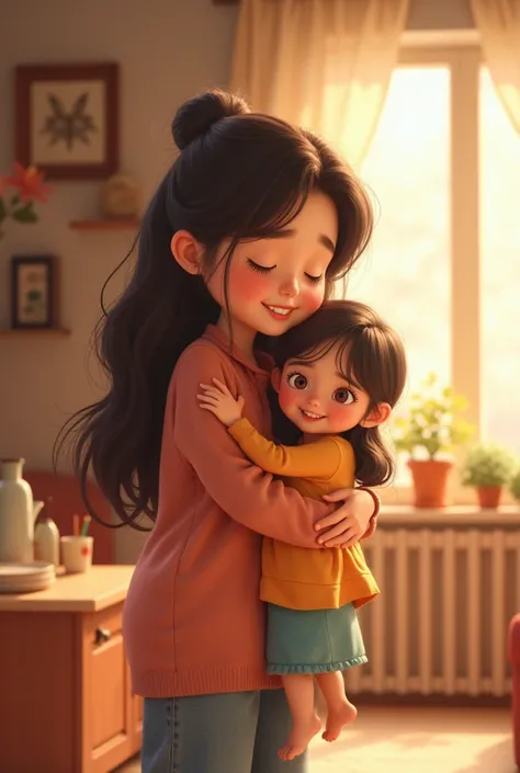 Mother huge daughter in home on animation 