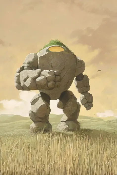 ( neutral colors),  stone golem in a field of grass 