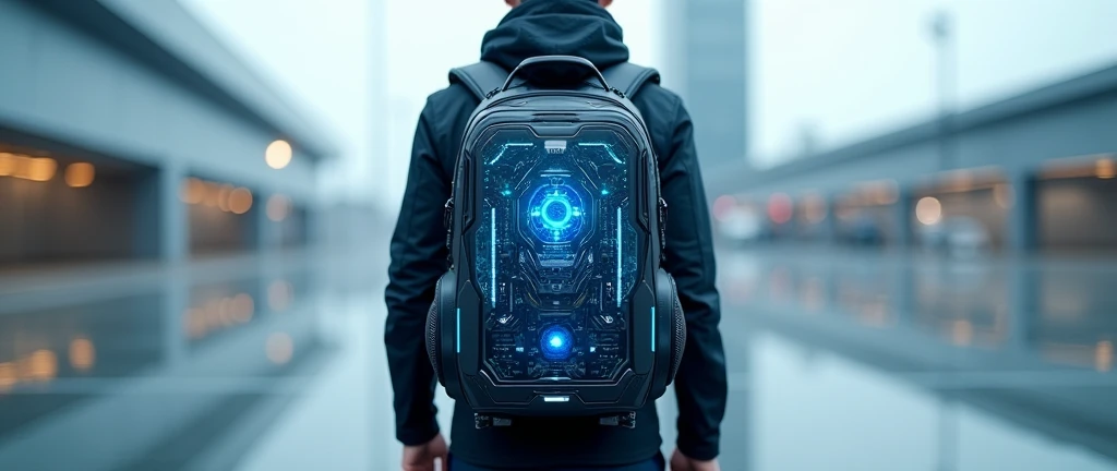 High-tech electronic backpack with floating blue energy pattern