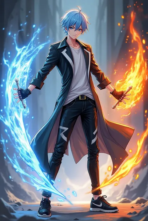 Anime  male, Sky Blue Short Hair, Black And White Coat, White Undershirt, Black And White Jeans, Black Shoes, Black Fingerless Gloves, Frost Effects, Fire Effects, Frost Hand, Fire Hand, Glowing Ice Sword, Glowing Fire Sword