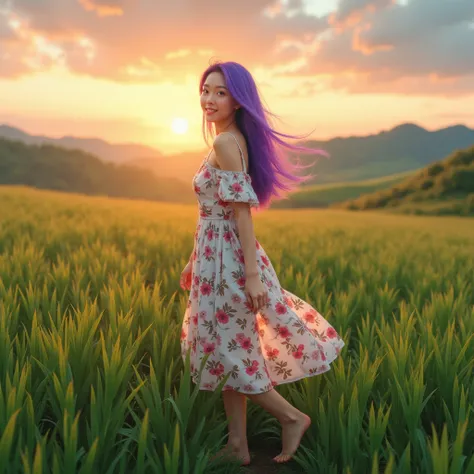 absurd realistic photo of a japanese girl with purple hair, wearing a loose floral dress showing cleavage, smiling walking bare feet on a grassy field at sunset, best quality, ultra realistic, perfect body, beautiful face, accurate details,