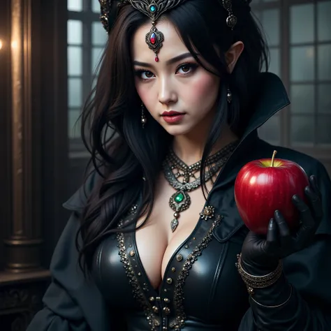 a beautiful young woman with long black hair, wearing a dark queen outfit with intricate accessories, holding a poisonous red apple in her hand, dark gothic witch-queen, dark moody lighting, cinematic dramatic composition, detailed facial features, (best q...