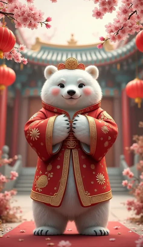 White bear wearing traditional Chinese clothing standing with both hands on his chest against the background of a Chinese temple with Chinese New Year atmosphere