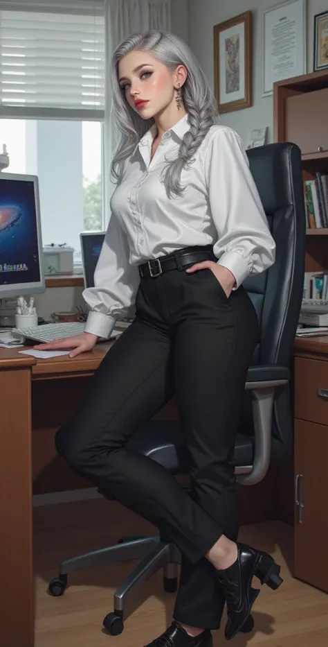  high resolution,  best quality, HD model,  high detail,  high quality,full length ,full frame, full length girl. silver hair, single braid, Breasts, earrings,  blue eyes, makeup, scarlet lips, black trousers,white blouse, black shoes, posing in the office...