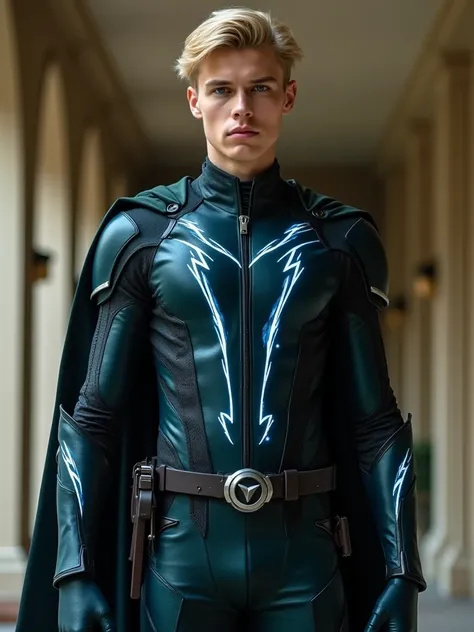 A full body image of  of a seventeen year old blond brazilian guy with blue eyes dressed in a stylized Black-blue-grey costume,  clearly inspired by the Green Arrow (Oliver Queen), the DC Série superhero. The costume features silver-blue details that resem...