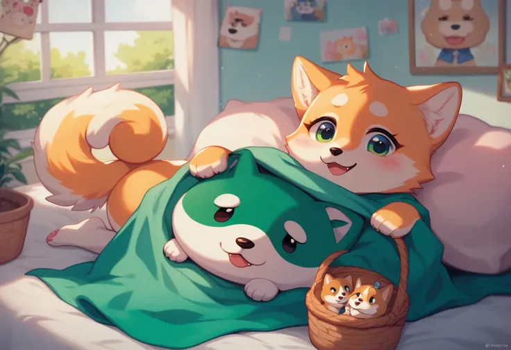 Puppy sitting in a basket on a bed with a green blanket,  pastel painting by Shiba Jianghan,  Instagram , creation, Sheba dog, Shiba Inu, Cute dog, Shiba Inu dog, Japanese Dog, kawaii Cute dog,  Cute Animals , anthropomorphic Shiba Inu, Ahhh, Doge