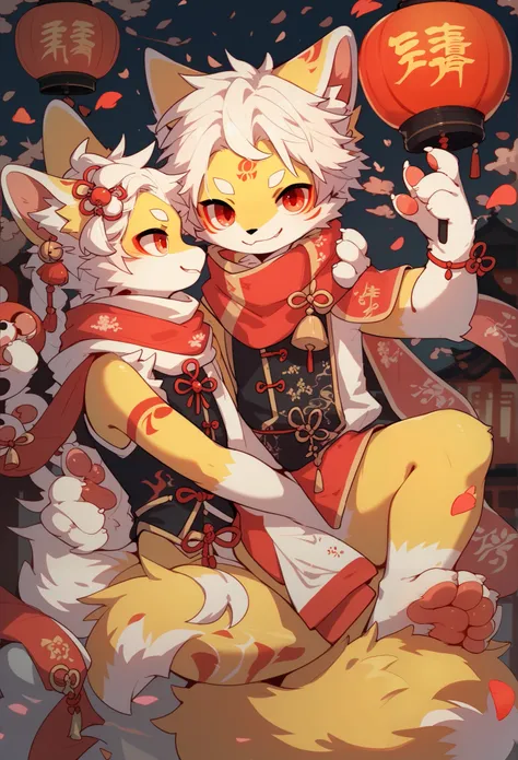  Fox Boy ， furry boy， toddlers，White hair， yellow skin，White Arm，scarf，Chinese New Year，Edelweiss，Red Lantern