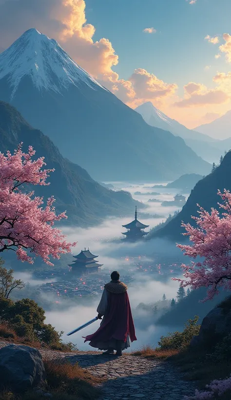 " A mystical and majestic landscape inspired by feudal Japan ,  with mist-covered mountains and cherry trees blossoming in the wind .  at the city centre, a lone warrior with a flowing cape and a shining sword observes a valley where an ancient city shines...