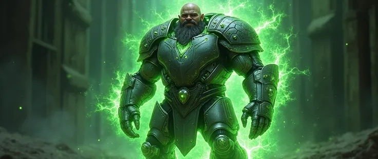 The full body and high-tech masked dwarf armor has advanced technology. It has a green energy pattern.