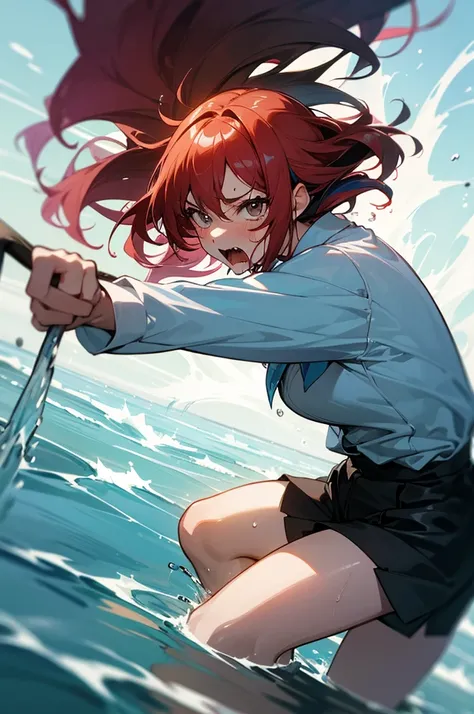 Masterpiece, best quality, (dynamic pose:0.5), Absurdres, 1girl,  fighting pose, punch water, (attacking with water:1.5) wet clothes, wet hair, wet face, water behind a person, multicolored hair, (wind:1.4)