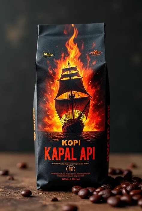 create amake packaging for "Kopi kapal Api" with a burning ship background or logo