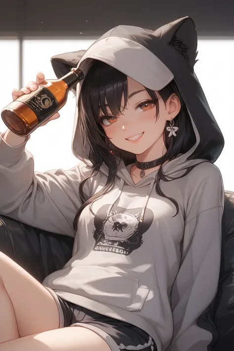 A high-quality anime illustration of a girl in a casual, carefree pose, clearly a bit drunk. She’s holding a bottle of alcohol loosely in one hand, her fingers curled around it with a slight unsteadiness. Her other hand is resting at her side, and her body...