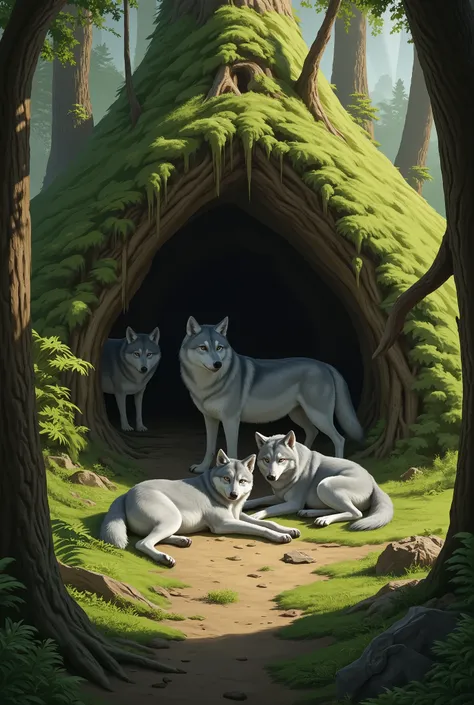 Wolf pack laying around a den in the forest 