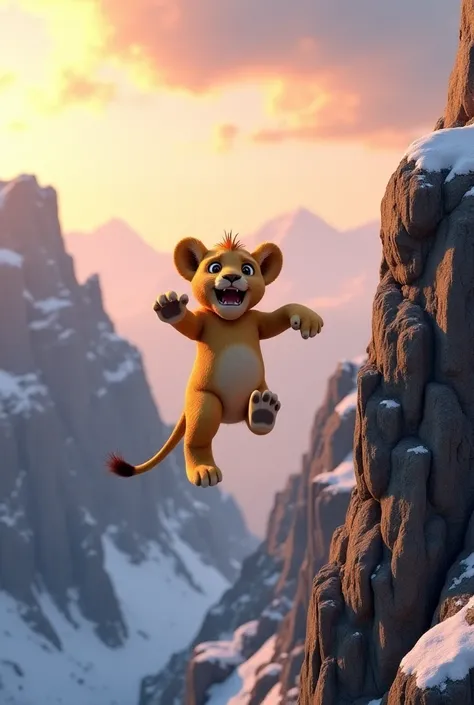 3D scene of a lion cub falling from a high :پرومیٹ mountain cliff, with strong wind blowing, creating a sense of motion. The background features rugged mountain terrain, snow patches, and a dramatic sky with either sunset or sunrise colors. The lion cub is...