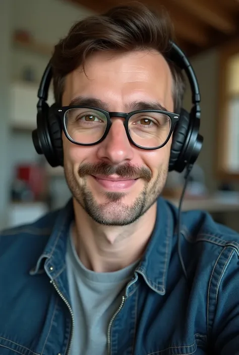 man with glasses mustache selfie headphones