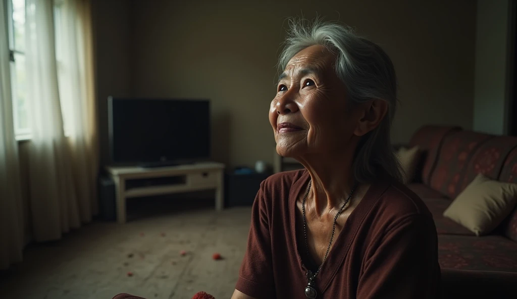 An elderly Indonesian woman sitting in a living room, looking smug and satisfied, while the house around her feels empty and cold.