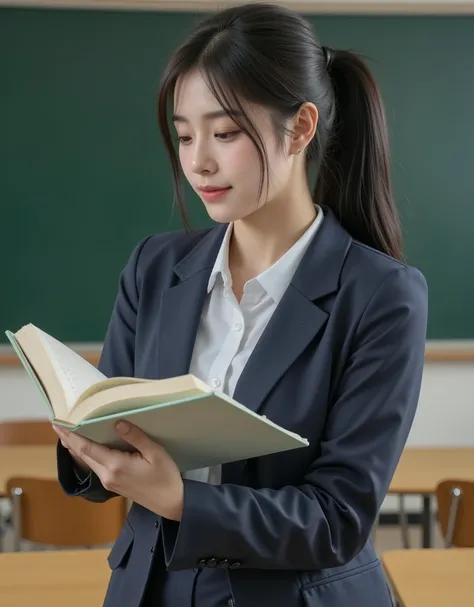 (Profile of a super cute busty Korean female announcer standing in front of a blackboard in the classroom and reading a textbook:1.2)(Grinning,smile:1.1)(Beautiful Sweat:1.1)(16k,  RAW photos ,  top quality, masterpiece: 1.2),( cute ponytail with glossy bl...