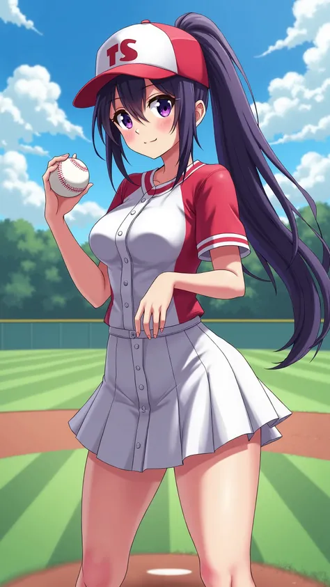 Japanese anime style、 high school girl 、baseball tight uniform、  Baseball Cap  、Dark Purple Long Hair、single ponytail、  purple pupils、 skirt、 Chest plump、driving range、left pitcher、Holding a baseball