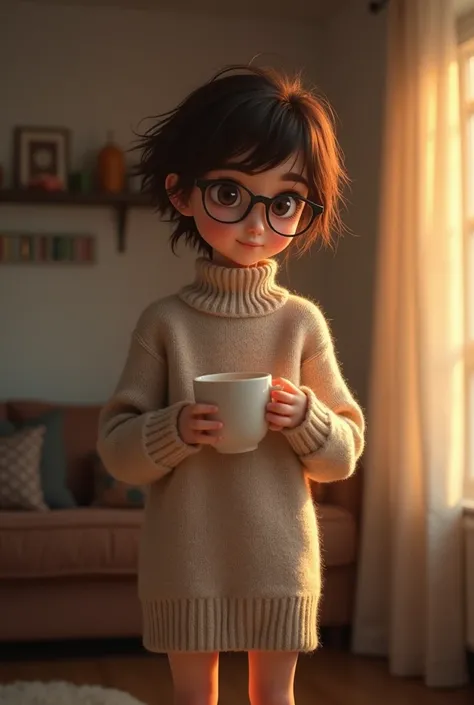 Cute tomboy girl , round face,  half-covered sleepy dark brown eyes ,  small broad sweet nose ,  beautiful plump ajar lips ,  extremely tousled, messy short brown hair not combed after sleep , glasses, flat chest,  she is wearing a short beige sweater dres...