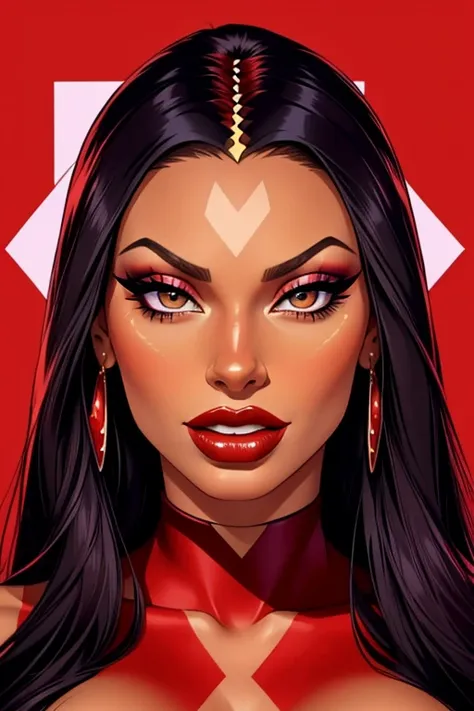 A beautiful female whose face combines features of Megan Thee Stallion + Tera Patrick. The female has lovely makeup on her face. The female wears red lipstick. Symmetrical eyes. Symmetrical face. Full-colored.