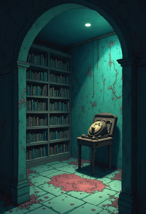 background、 Cthulhu vibe、 witchy vibe 、 no people、Unsettling、wonder、Bookshelf、Chamber of Secrets、Small room、No gaps 、machine、 unrealistic 、anime、 illustration of a train