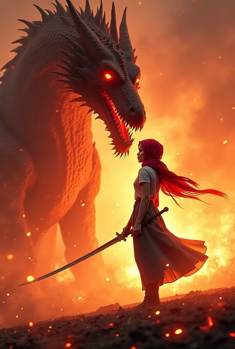 A fire demon dragon and a girl in an indonesian hijab clearly visible beautiful face smiling sweetly in a jeans t-shirt carrying a big sword in hand.in a hell full of flames