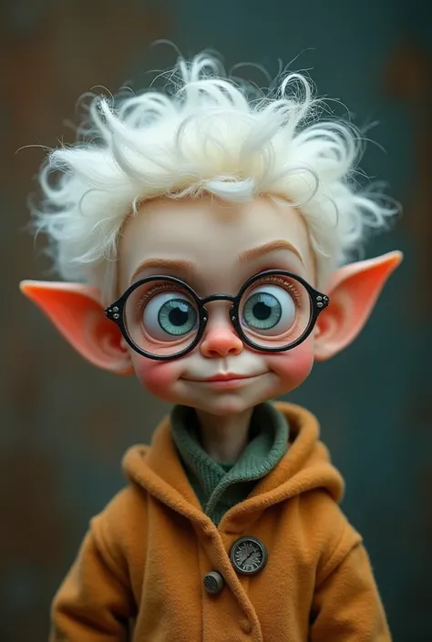 a scene in a photo studio! Elio, the surreal, small, delicate elf boy with extremely pointed, curved ears, a bulbous nose, very large, round light blue eyes, fluffy, curly, white hair with glitter and wire-framed glasses! He has a very sweet baby face, he ...