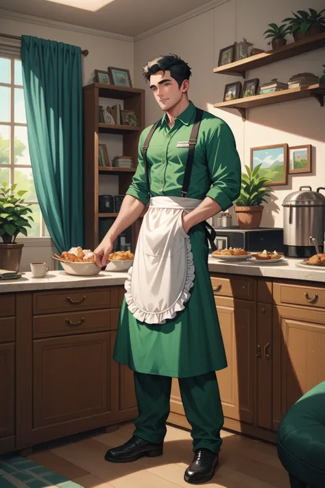 masterpiece, Man with black hair 1 , green jersey ,  frill apron ,  full body,  standing in the pastor's room ,  is holding an omelette. 
