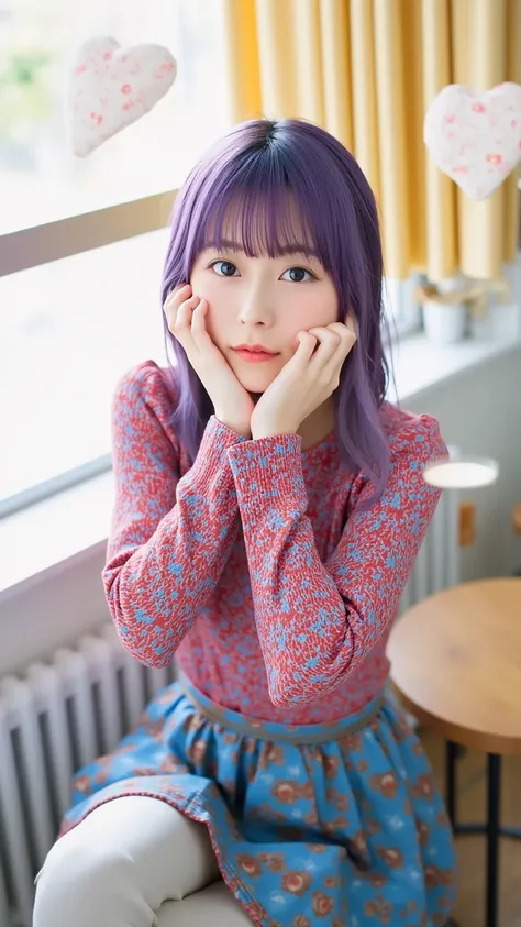 Girl in a dream. I have long, colorful hair.Wear knitted clothes.It&#39;s a rock band.Notes flying around.It's a top quality illustration .What a beautiful illustration!.Very colorful. big eyes, Viewers' Perspective,She is in the cafe, Landa pose,  Crouche...