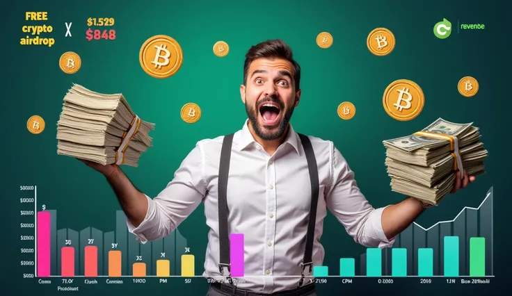 "An excited man wearing a white shirt and suspenders, holding a large amount of cash bundles in his arms. The background is vibrant, featuring a mix of green and dark tones, with crypto coin scattered. Prominent cryptocurrency logos are placed across the i...