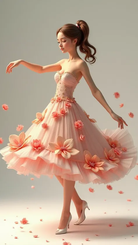 A beautiful young woman wearing a strapless dress decorated with various flowers that reach her feet is dancing and spinning. Her skirt looks beautiful and outstanding in a realistic 3D image like a princess.