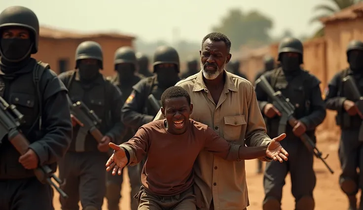 A father standing helpless, shouting in desperation as another young man is taken away by armed soldiers in black uniforms. They should be Africans 
