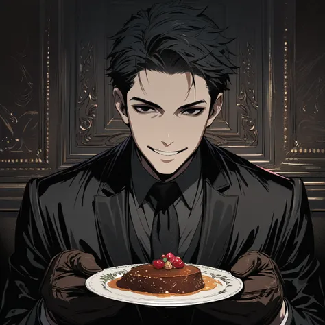   short hair, masterpiece,  best quality,  1 man  ,  black hair , 's forehead holding a plate,  perfect face , black eye ,   handsome man   ,  alone, Upper body , delicate line drawing,  Skip highly detailed , black suit,  dark , Leather gloves , Smiling v...