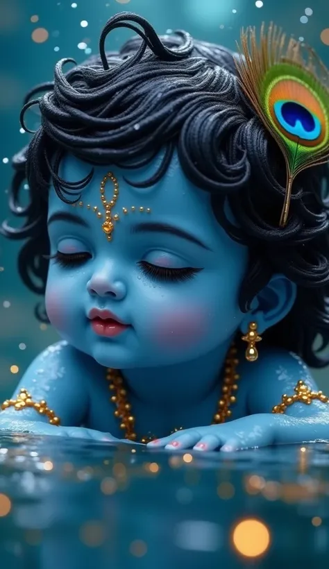 A breathtakingly soft and divine close-up of Shree Krishna, lying peacefully underwater with a celestial glow. His skin is a perfect shade of radiant blue, appearing smooth and dewy with shimmering water droplets. His deep, soulful eyes reflect an ethereal...