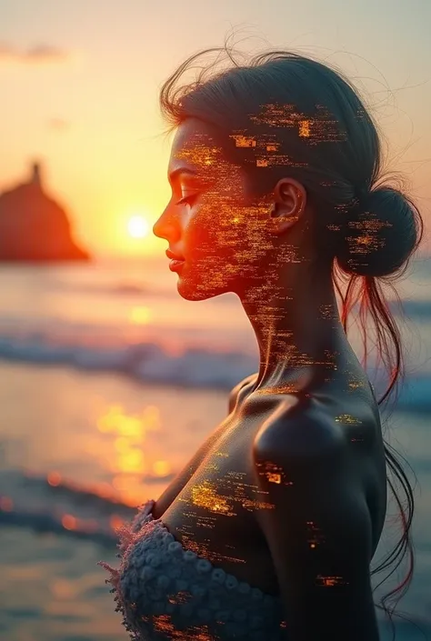  High quality cutlery,  8k Ultra HD , Uma bela double exposure que combina uma silhueta de deusa com a costa ao pôr do sol,  the coast at sunset should serve as a background ,  with its details embedded in the goddess, sharp lines, The background is monoch...