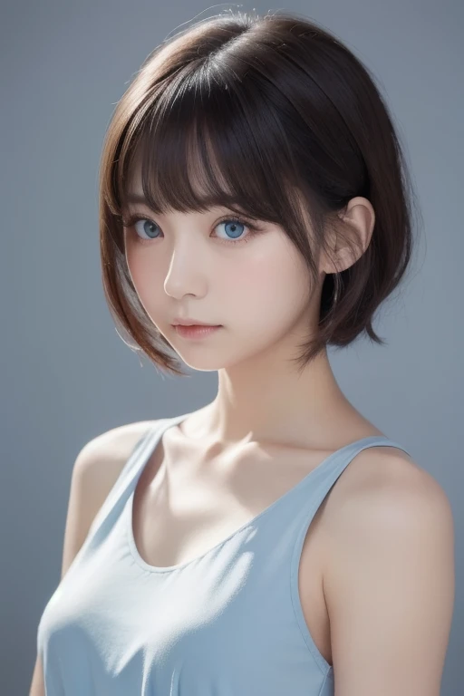 Masterpiece, best quality , high resolution,short hair, blue eyes, 1 girl, Alone, Blue Ribbon, eyelash , neck ribbon, Sleeveless, bangs, clavicle, Bare arms, Pink Dress , Red coat, white background, Front , No view, are staring at the viewer, upper body, f...