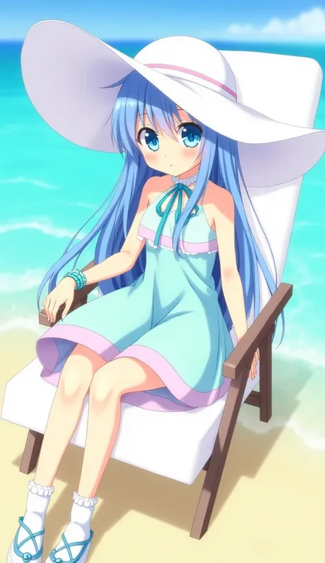 anime girl with big white sunhat long sky blue long hair blue eyes aquamarine halter dress pink trim at the bottom of the skirt white collar blue bow tied ribbon green bracelet with aquamarine stone on left wrist beach socks and shoes sitting in lounge cha...