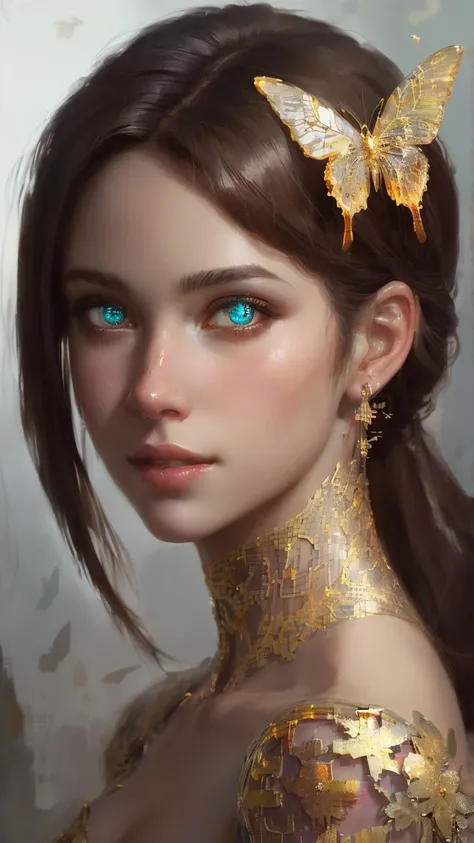 8k portrait of beautiful cyborg with brown hair, intricate, elegant, highly detailed, majestic, digital photography, art by artgerm and ruan jia and greg rutkowski surreal painting gold butterfly filigree, broken glass, (masterpiece, sidelighting, finely d...