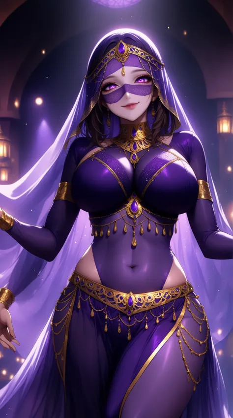  Young Beautiful Woman, Sexy Belly Dancer,(Gorgeous belly dance costumes, Face Veil to Hide the Lower Half of Your Face , golden accessory),( purple eyes, half-closed eyes:1.3, big breasts,makeup, eyeshadow,Shadowed face, bewitching smile,Seductive gesture...