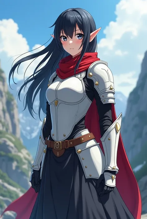 Image is in anime-style, A tall woman, elf ears, black eyes, long black hair that flows down just beneath her shoulder, She is wearing a dark skirt slightly above he, White battle armor, Red Scarf covering her armor, She is standing in the mountain