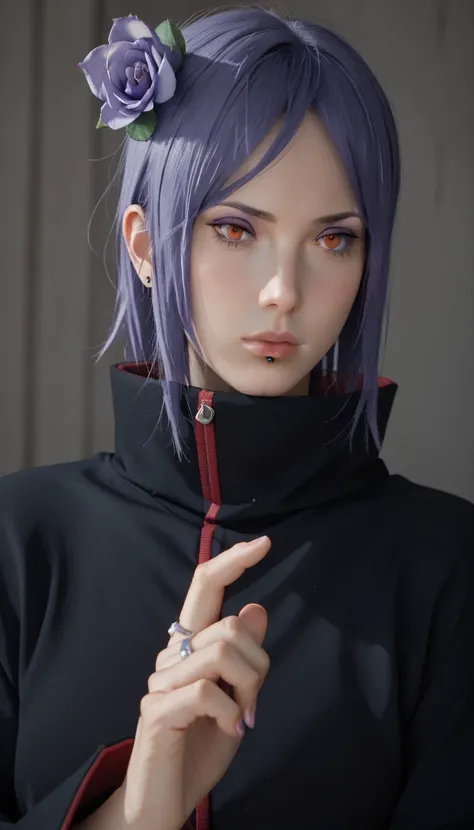 1girl, purple hair, orange eyes, 3d, purple eyeshadow, Konan, sandals, black robe, long sleeves, purple flower in hair, piercing under lips