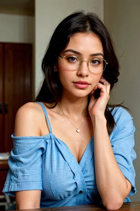 Kyara advani wearing eye glasses and blue dress at her home 