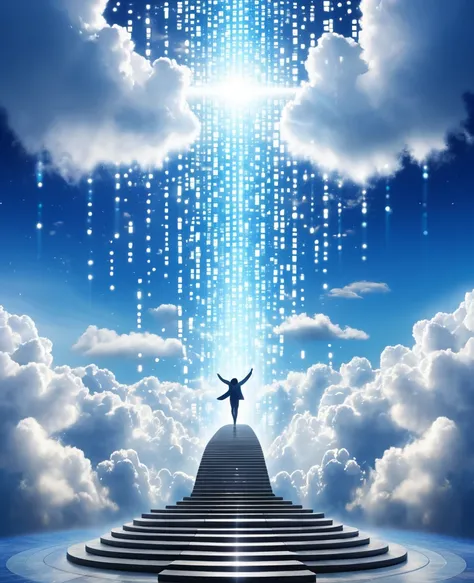  An allegory of a person's soul climbing to heaven in the form of data.  The data is in the form of a binary code and social media logos ...  The soul is received by a computer . clouds,  Celestial Light . Paradise environment .