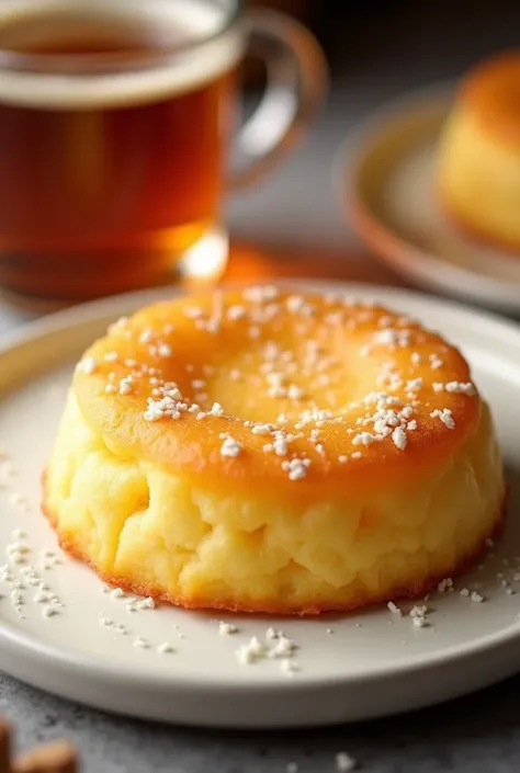 "A packaging of Kastengel cake .  The image shows a golden Kastengel cake with a sprinkle of cheese on a white plate.  The texture is crispy with a seductive golden yellow color . In the background,  there is a glass of warm tea to create a warm and cozy a...