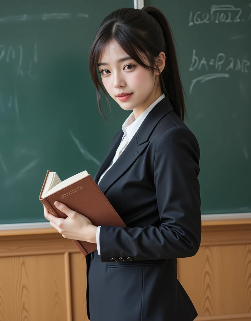 (Profile of a super cute busty Korean female announcer standing in front of a blackboard in the classroom and reading a textbook:1.2)(Grinning,smile:1.1)(Beautiful Sweat:1.1)(16k,  RAW photos ,  top quality, masterpiece: 1.2),( cute ponytail with glossy bl...