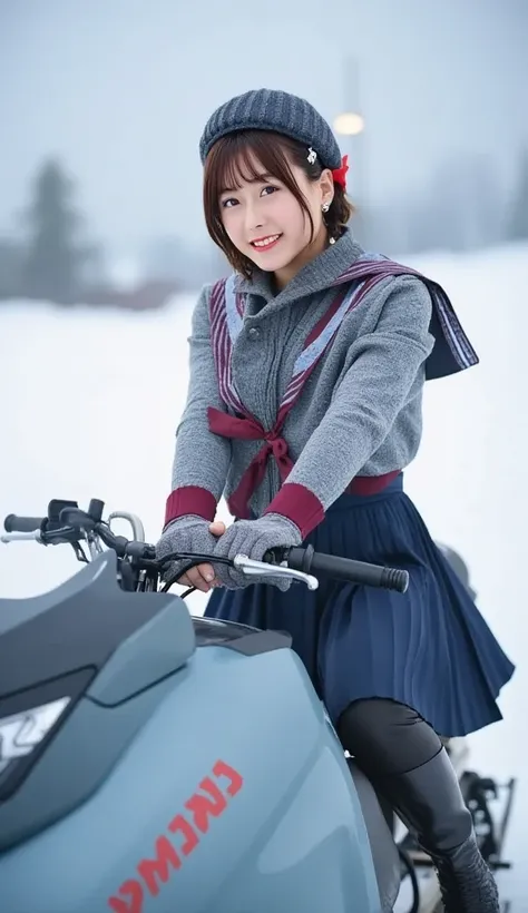   Documentary Photos  ,   realistic photo  ,   Super Real, 1 VERY BEAUTIFUL JAPANESE GIRL  ,   famous Japanese idol  ,   beautiful face,   cute face like an idol,   beautiful eyes, LONG BOOTS FOCUS  , (  wearing a sailor suit 、 is wearing an outer jacket a...