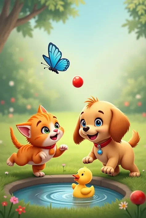 The three little friends are engaged in play. The orange kitten is pouncing toward a bright blue butterfly, its paws reaching up. The golden retriever puppy is chasing after a red bouncing ball, ears flapping as it leaps. The baby duck is waddling near a s...