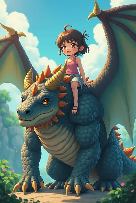 Anime with a dragon pet and his is sitting on his pet bodybuilder boy 