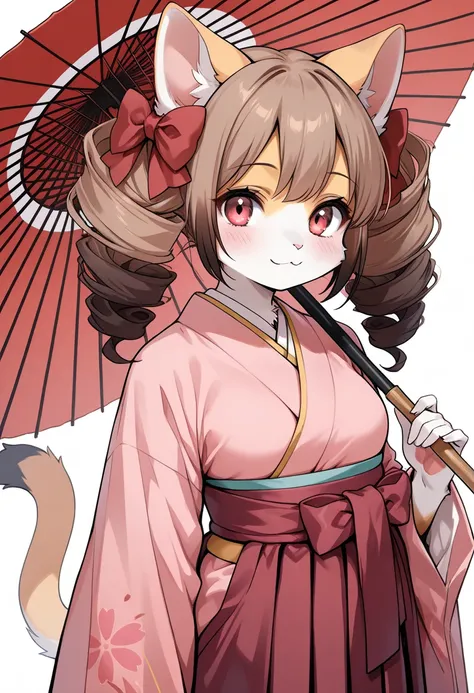 1girl, (furry, kemono:1.4), cat girl, animal nose, cat ears, cat tail, red eyes, drill hair, brown hair, twin drills, long hair, japanese clothes, hakama, kimono, hakama skirt, skirt, meiji schoolgirl uniform, hair bow, wide sleeves, looking at viewer, umb...